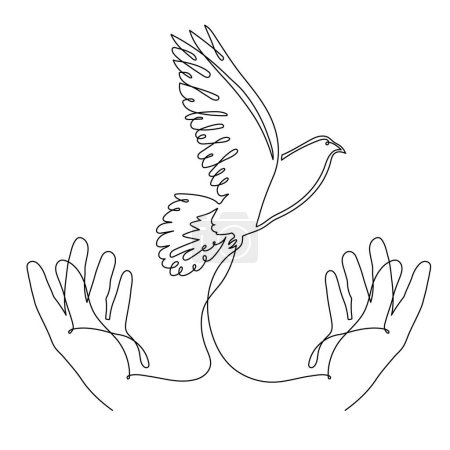 Illustration for Hands with dove of peace, one line art continuous contour. Hand drawn palm with pigeon,doodle hope bird sign of freedom and independence.Editable stroke.Isolated. Vector - Royalty Free Image