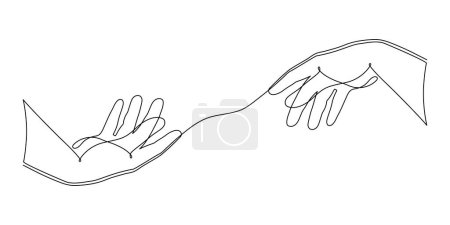 Hände einzeilige Kunst, von Hand gezeichnete durchgehende Kontur. Handfläche mit gestikulierenden Fingern, Zeichenstil, minimalistisches Design. Essbarer Schlaganfall. Isolierter Vektor