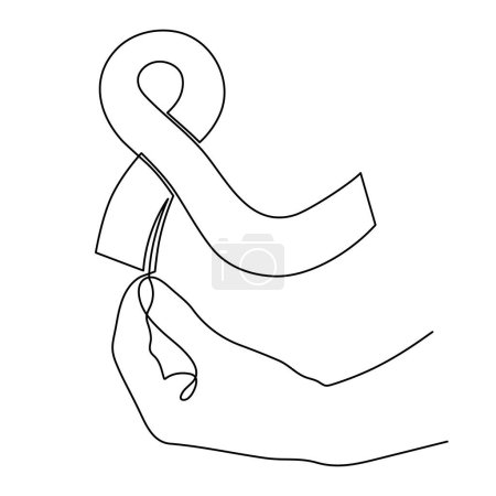 Hand with ribbon, world cancer day concept one-line art,fight against oncological disease hand drawn continuous contour,support and help decoration.Editable stroke.Isolated. Vector
