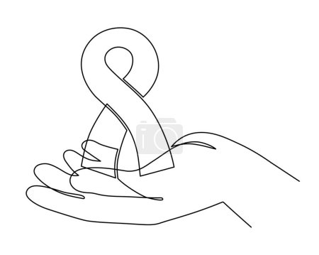 Hand with ribbon, world cancer day concept one-line art,fight against oncological disease hand drawn continuous contour,support and help decoration.Editable stroke.Isolated. Vector