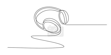 Illustration for Headphone one line art,hand drawn device gadget continuous contour.Listening music wireless online concept,technology for audition songs and playlists template outline.Editable stroke.Isolated - Royalty Free Image