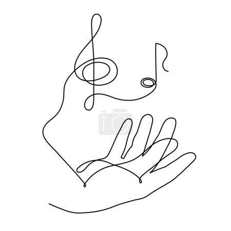 Illustration for Hand holds treble clef and musical note one line art, hand drawn continuous contour. Artistic creative concept, minimalist design. Editable stroke. Isolated. Vector - Royalty Free Image
