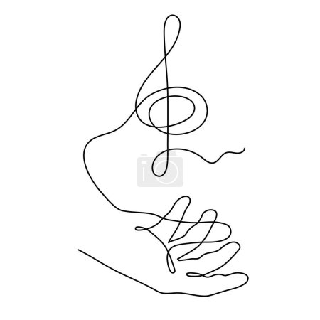 Illustration for Hand holds treble clef one line art, hand drawn continuous contour. Artistic creative concept, minimalist design. Editable stroke. Isolated. Vector - Royalty Free Image