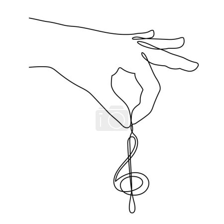 Illustration for Hand holds treble clef one line art, hand drawn continuous contour. Artistic creative concept, minimalist design. Editable stroke. Isolated. Vector - Royalty Free Image