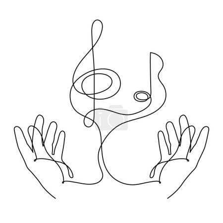 Illustration for Hands hold treble clef and musical note one line art, hand drawn continuous contour. Artistic creative concept, minimalist design. Editable stroke. Isolated. Vector - Royalty Free Image
