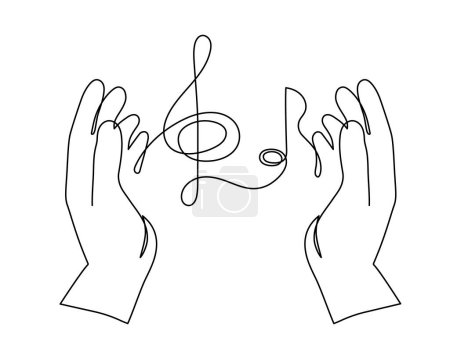 Téléchargez les illustrations : Les mains tiennent treble clef et note musicale un art de ligne, dessiné à la main contour continu. Concept artistique créatif, design minimaliste. Course modifiable. Isolé. Vecteur - en licence libre de droit