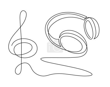 Illustration for Headphone with treble clef one line art,hand drawn device gadget continuous contour.Listening music wireless online concept,audition songs technology.Editable stroke.Isolated. - Royalty Free Image