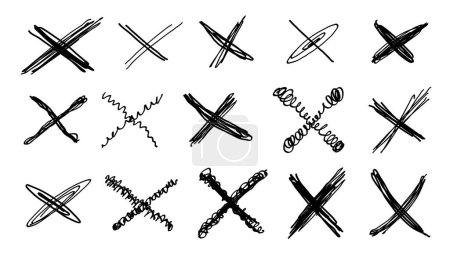 Illustration for Grunge crosses, X marks, emphasis hand-drawn elements. Sketchy brush stroke, rejected sign marker accentuation striking out shapes. Isolated. Vector - Royalty Free Image