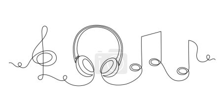 Illustration for Headphone with treble clef and notes one line art,hand drawn device gadget continuous contour.Listening music wireless online concept,audition songs technology.Editable stroke.Isolated. - Royalty Free Image
