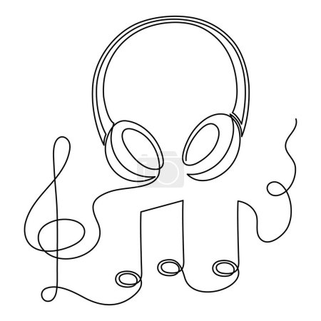 Illustration for Headphone with treble clef and notes one line art,hand drawn device gadget continuous contour.Listening music wireless online concept,audition songs technology.Editable stroke.Isolated. - Royalty Free Image