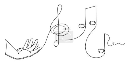 Illustration for Hand holds musical treble clef and note one line art, hand drawn continuous contour. Artistic creative concept, minimalist outline design. Editable stroke. Isolated. Vector - Royalty Free Image