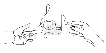 Illustration for Hands hold musical treble clef and note one line art, hand drawn continuous contour. Artistic creative concept, minimalist outline design. Editable stroke. Isolated. Vector - Royalty Free Image
