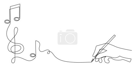 Illustration for Hand writes musical treble clef and notes one line art, hand drawn continuous contour. Artistic creative concept, minimalist outline design. Editable stroke. Isolated. Vector - Royalty Free Image