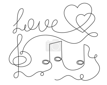 Illustration for Treble clef and musical notes one line art, hand drawn continuous contour. Love music creative concept, minimalist template design. Editable stroke. Isolated. Vector - Royalty Free Image