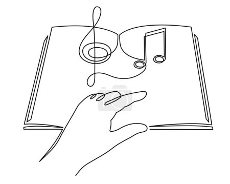 Illustration for Book with treble clef and musical notes one line art,hand drawn continuous contour.Creative design.Education studying learning concept,artistic template outline.Editable stroke.Isolated. - Royalty Free Image