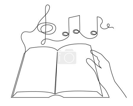 Illustration for Book with treble clef and musical notes one line art,hand drawn continuous contour.Creative design.Education studying learning concept,artistic template outline.Editable stroke.Isolated. - Royalty Free Image