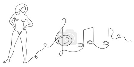 Illustration for Naked woman and musical treble clef and notes one line art, hand drawn lady figure continuous contour. Love music concept, minimalist outline design. Editable stroke. Isolated. Vector - Royalty Free Image