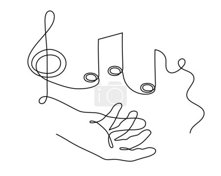 Illustration for Hand holds musical treble clef and notes one line art, hand drawn continuous contour. Artistic creative concept, minimalist outline design. Editable stroke. Isolated. Vector - Royalty Free Image