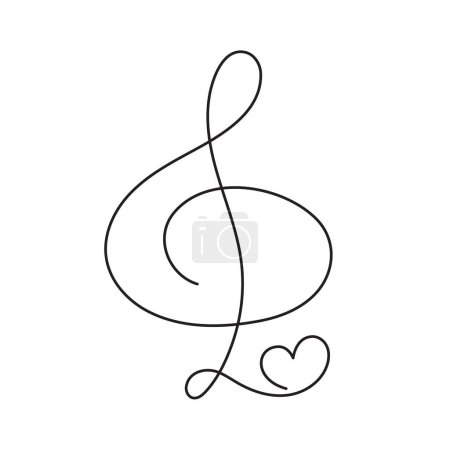 Illustration for Treble clef and heart one line art,hand drawn continuous contour outline.Love music composition concept,minimalist romantic design,song for Valentines day February 14.Editable stroke.Isolated. - Royalty Free Image