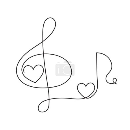Illustration for Treble clef and heart one line art,hand drawn continuous contour outline.Love music composition concept,minimalist romantic design,song for Valentines day February 14.Editable stroke.Isolated. - Royalty Free Image