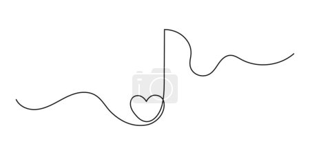 Illustration for Musical note heart one line art,hand drawn continuous contour outline.Love music composition concept,minimalist romantic design,song for Valentines day February 14.Editable stroke.Isolated. - Royalty Free Image