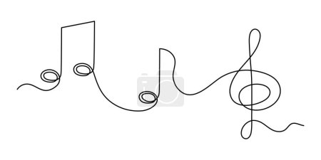 Illustration for Treble clef and musical notes one line art, hand drawn continuous contour outline.Love music composition concept,minimalist template melody art design.Editable stroke.Isolated.Vector - Royalty Free Image