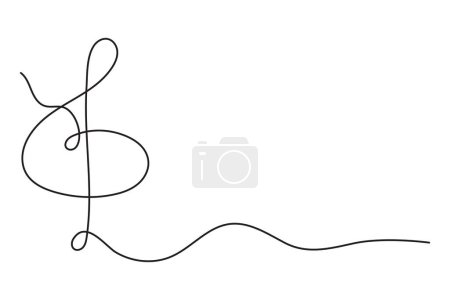 Treble clef one line art, hand drawn continuous contour outline.Love music composition concept,minimalist template melody art design.Editable stroke.Isolated.Vector
