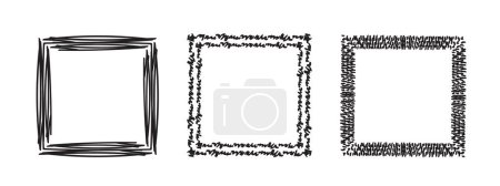Conjunto de marcos cuadrados doodle, monogramas dibujados a mano.Bordes y cuadros con elementos de diseño simples y esquematizados.Aislado. Vector