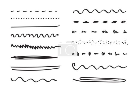 Underlines hand-drawn set. Handwriten dividers, separators, borders, collection of doodle style various art accentuation elements for text decoration. Isolated. Vector
