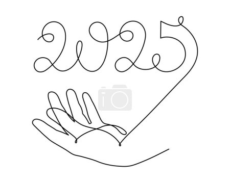 Hand holds 2025 one line art, hand drawn continuous contour. Holiday concept, festive New year handwriting text, minimalist design. Editable stroke. Isolated. Vector