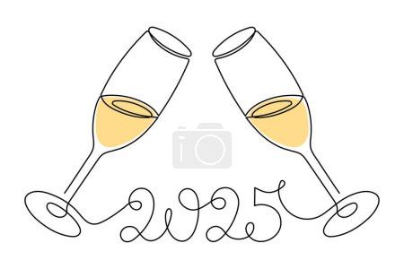Champagnergläser, feiern 2025 Neujahr, eine Linie Kunst, kontinuierliche Zeichnung contour.Prost Toast, festlich handgezeichnete Feiertagsdekoration, einfaches minimalistisches Design.Editierbarer Strich.