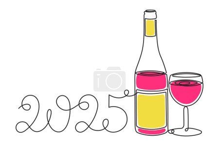 Flasche und Glas, feiern 2025 Neujahr, eine Linie Kunst, kontinuierliche Zeichnung contour.Prost Toast, festliche Hand gezeichnet Urlaub Dekoration, einfaches minimalistisches Design.Editierbarer Strich.