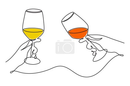 Hands hold cocktail clinking glass.Cheers toast, festive hand drawn alcohol drink decoration for holidays,romantic Valentine's Day design. Isolated.Vector