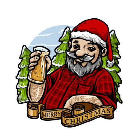 Téléchargez les illustrations : Clause Santa tenir un verre de bière pendant la saison d'hiver - en licence libre de droit