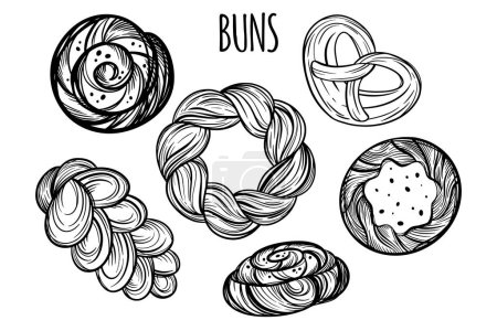 Illustration for Fresh hand drawn buns, pretzel, kalach and wreath for bakery or pastry shop. Vector outline sketch black isolated illustration. - Royalty Free Image