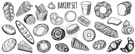 Foto de Flour products sketch food set for design of bakery or pastry shop. Vector outline sketch black isolated illustration. - Imagen libre de derechos