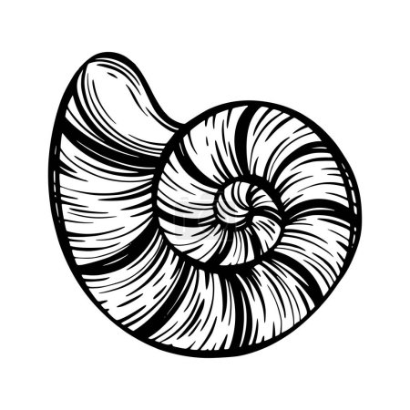 Ilustración de Black marine seashell, mollusk or snail for design of invitation, fabric, textile, etc. Vector outline sketch black isolated illustration. - Imagen libre de derechos