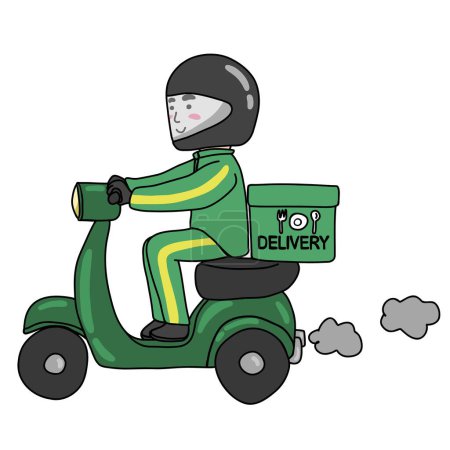 Téléchargez les illustrations : Livraison de nourriture homme conduite moto dessin animé vectoriel illustration - en licence libre de droit