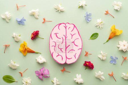 Aménagement plat de l'anatomie du cerveau humain avec fleur fraîche colorée sur fond vert. Soins de santé mentale, pensée positive et concept d'idée créative.
