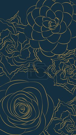 Illustration for Vertical background in minimalist style, golden contoured flowers on blue color vector illustration - Royalty Free Image