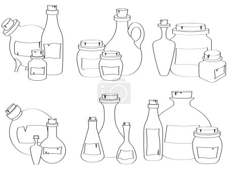 Ilustración de Frasco de vidrio contorneado, botella y frasco con ilustración de vectores de colección de corcho de madera - Imagen libre de derechos