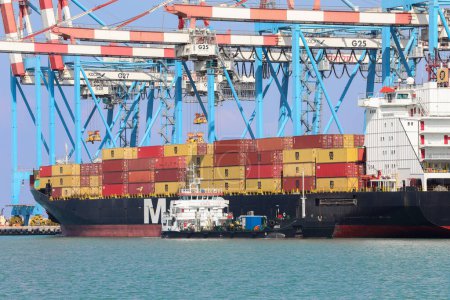 Foto de MSC Mega Container Ship atracado en puerto de envío Haifa. - Imagen libre de derechos