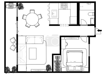 Photo for Apartment plan layout house. Plan space. Interior design elements kitchen, bedroom, bathroom. Floor plan. - Royalty Free Image