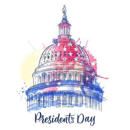 Illustration for Happy Presidents Day holiday print, poster or banner design with hand drawn calligraphy lettering. Washington State Capitol on watercolor USA flag background. Vector sketch illustration - Royalty Free Image