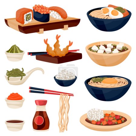Téléchargez les illustrations : Repas traditionnel japonais isolé sur fond blanc. Sushi, ramen, crevettes tempura, soupe miso, udon, chuka, dessin animé plat vecteur de riz. Éléments de conception de menu restaurant japonais - en licence libre de droit