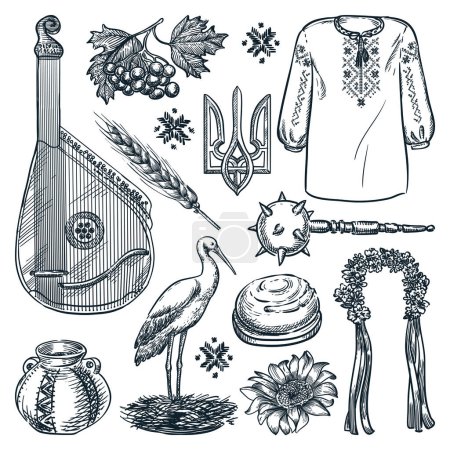 Illustration for Ukrainian national symbols and icons isolated on white background. Vector hand drawn sketch illustration. Ukraine history and culture design elements - Royalty Free Image