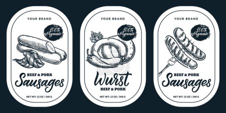 Illustration for Fresh meat products package label or sticker template. Vector hand drawn sketch calligraphy lettering, sausages and wurst illustration. Food badge design elements isolated on white background - Royalty Free Image