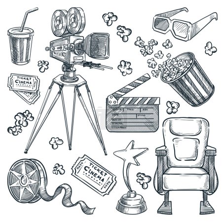 Illustration for Movie and cinema theater hand drawn vector sketch illustration. Multimedia maker equipment isolated on white background. Video and film production doodle design elements - Royalty Free Image
