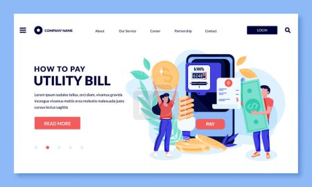 Illustration for Utility bill online payment concept. Vector flat cartoon illustration. People with money, electricity invoice and electricity meter. Man and woman save energy and use energy-saving lamps - Royalty Free Image