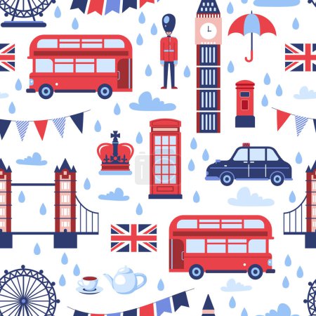 Illustration for London landmarks seamless pattern. Vector flat cartoon illustration. Great Britain national symbols on white background. Travel and tourism fashion textile print or wrapping paper design - Royalty Free Image